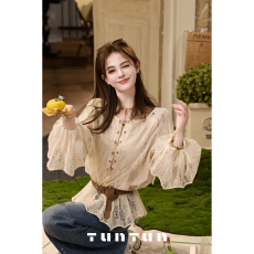 批发吞吞TUNT【缓存浪漫】雾里看花 重工蕾丝刺绣抽绳系带小衫