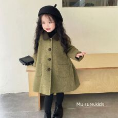 批发韩范小女童装外套秋冬新款毛呢双面绒绿色娃娃领中长款大衣外套