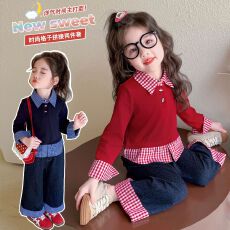 批发童装女童裙套装春秋季儿童女宝宝红色开衫网纱公主裙子两件套洋气