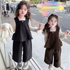 批发女童春秋季新款洋气森系2025小女孩时髦马甲长袖衬衣套装女宝秋装