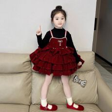 批发套里两件套 女童秋冬新款红色蛋糕裙黑色打底甜美两件套穿搭