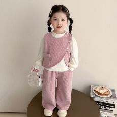 批发女童秋季套装2025新款女宝宝打底衫马甲三件套儿童后背蝴蝶结秋装