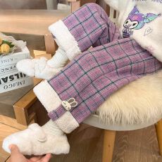 女童秋冬款加绒裤子2025新款儿童格子休闲阔腿裤宝宝冬季直筒裤子