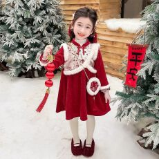 批发女宝宝年服加绒连衣裙<b class='q'>冬</b>款国风洋气时髦外穿加厚新年裙
