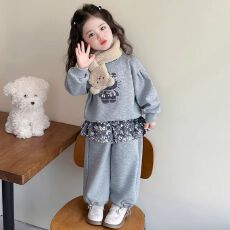 批发冬季<b class='q'>女</b><b class='q'>童</b>套装2025新款加绒灰色<b class='q'>卫衣</b>套装休闲卡通猫可爱儿童两件套