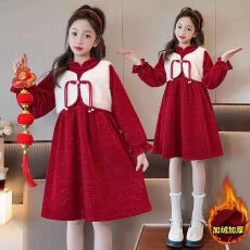 女童新年装加绒连衣裙秋冬季新款中大童女孩拜年服红色洋气公主裙