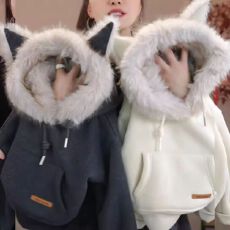 女童毛毛猫耳加绒加厚卫衣秋冬季2025新款儿童宝宝保暖连帽衫外套