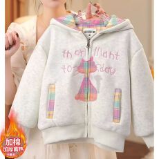 批发<b class='q'>女童</b>卡通夹<b class='q'>棉</b>上衣外套2025新款秋冬加棉格子刺绣加厚二棉连帽卫衣