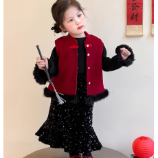 批发加绒<b class='q'>女童</b>拜年服<b class='q'>2025</b>新款冬装新中式红色新年套装儿童过年三件套