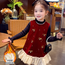 批发<b class='q'>女</b><b class='q'>童</b>秋冬加绒新年衣服红色拼接裙中小童气质打底衫背心<b class='q'>连衣裙</b>套装