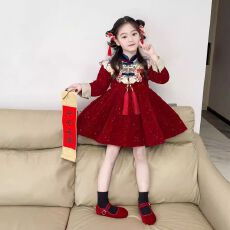 批发女童拜年服裙子2026<b class='q'>秋</b>冬季新款加绒儿童中国风新年唐装宝宝公主裙