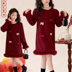 女童裙子2026新款冬季女孩时尚红色过年拜年服大童儿童加绒连衣裙