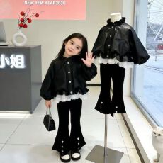 批发韩系女童花边拼接外套秋季2026新款时髦复古夹克开衫喇叭裤套装潮