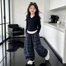 批发女童假两件连帽长袖套装秋季韩版拼接上衣格子弯刀阔腿裤两件套潮