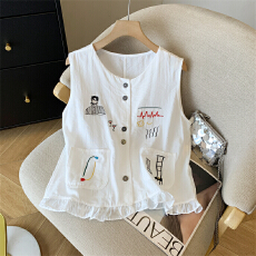 批发实拍 刺绣简约撞色无袖背心马甲宽松显瘦洋气小衫夏季坎肩马夹女