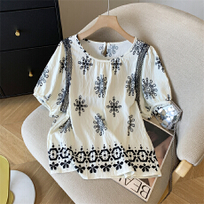 批发实拍◆复古民族风<b class='q'>印花</b>蕾丝拼接雪纺衬衫女设计感显瘦上衣宽松