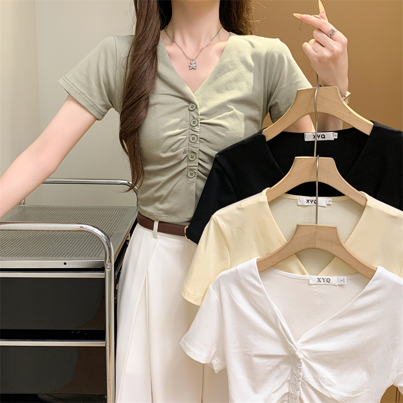 FA33813# 4色短款V领设计感小众显瘦百搭上衣T恤女短袖套头 服裝批發女裝批發服飾貨源