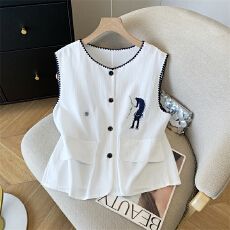 批发实拍时尚百搭圆领无袖背心女宽松显瘦衬衫女洋气上衣马甲小衫