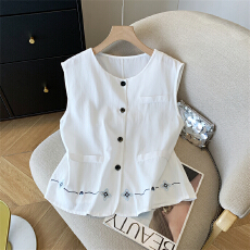 批发实拍 百搭圆领无袖背心女宽松显瘦衬衫女洋气上衣马甲小衫刺绣