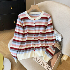 批发实拍 韩版显瘦<b class='q'>百搭</b>针织开衫女设计感小众彩色纽扣毛衣打底衫内搭