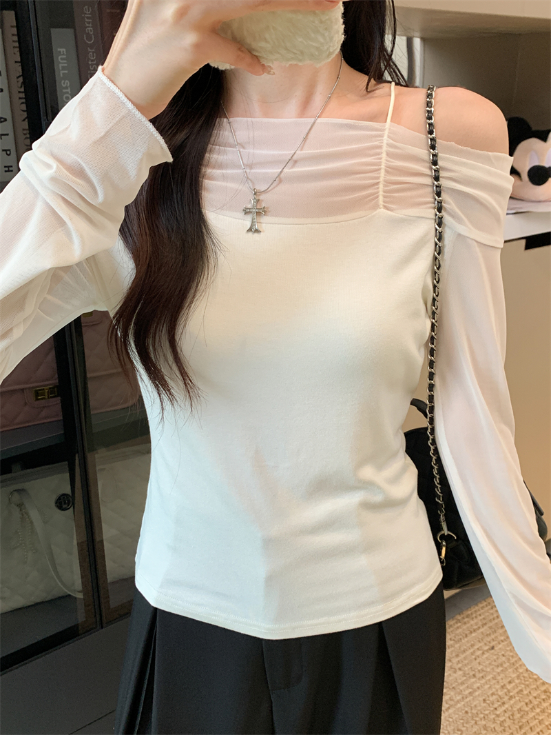 MY13999# 网纱拼接露肩辣妹风纯欲长袖上衣设计感小众t恤女裝貨源服裝批發