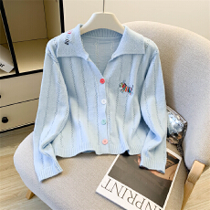 实拍◆ 韩版宽松显瘦翻领纯色彩扣针织开衫女毛衣刺绣外套上衣