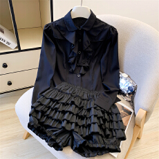 批发实拍◆春秋新款设计感宫廷风泡泡袖长袖衬衫<b class='q'>蓬蓬</b>蛋糕<b class='q'>裙套装</b>