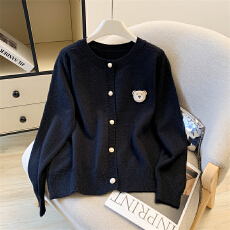 批发实拍 韩版圆领小熊针织开衫<b class='q'>女士</b>宽松学院风纯色打底毛衣