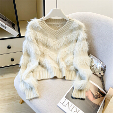 批发实拍 慵懒软糯毛衣女冬季温柔甜美短款流苏水<b class='q'>貂绒</b>针织衫