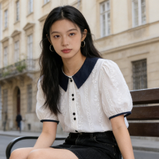 批发AI图 韩系设计<b class='q'>娃娃领</b>撞色<b class='q'>衬衫</b>女刺绣小清新气质小衫别致上衣