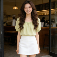 批发AI图◆2026夏新<b class='q'>韩版</b>宽松<b class='q'>衬衫</b>女纯色百搭显瘦泡泡袖上衣