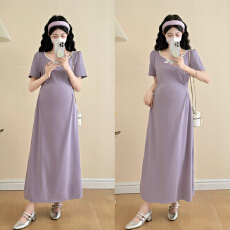 批发实拍-孕妇装2026新款气质紫色连衣裙女夏季高级感收腰显瘦a字长裙