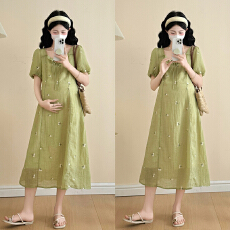 批发实拍-孕妇装2026夏季新款雪纺刺绣草绿色高连衣裙