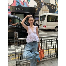 批发夏季2025蕾丝吊带小众新款<b class='q'>背心</b>蛋糕上衣修身耳边<b class='q'>无袖</b>外穿设计小衫