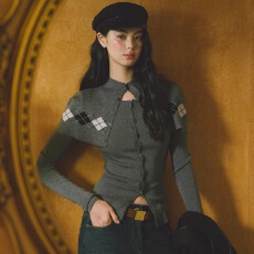 批发LaluneDuCiel 格纹设计长袖开衫披肩针织衫女套装毛衣<b class='q'>外套</b>秋上衣