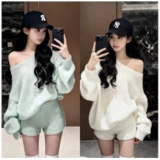 批发2025新款女士秋冬季慵懒风斜肩宽松百搭长袖针织上衣高腰显瘦<b class='q'>短裤</b>