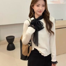 批发法式<b class='q'>网纱</b>蝴蝶结拼接磨毛T恤2025冬季新款女设计感气质百搭<b class='q'>打底衫</b>