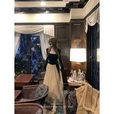 批发白水女 芭蕾艺术生 坎肩领拼接网纱连衣裙女冬季带胸垫设计感<b class='q'>长裙</b>