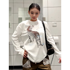 批发小众设计感豹子印花长袖<b class='q'>T</b><b class='q'>恤</b><b class='q'>男</b>女秋季新款ins宽松百搭白色上衣