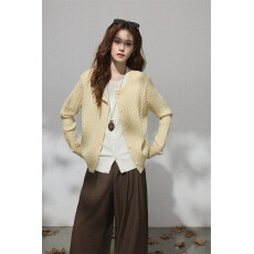 批发素色左岸黄色麻花针织开衫女2025新款圆领打底内搭假两件毛衣外套