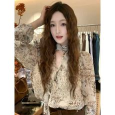 批发十三行豹纹衬衣<b class='q'>雪纺衫</b>上衣女秋季长袖V领挂脖飘带气质复古小衫