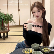 批发JOEY 12.8 20:00 暧昧期纯欲推荐刺绣<b class='q'>花朵</b>一字领两穿长袖上衣