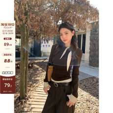 批发红人馆内搭打底衫女2025新款秋冬长袖t恤假两件美式咖色修身上衣