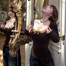 批发FuunJ偷糖Plan收腰拼色抽褶蝴蝶结薄绒打底T恤女内搭显瘦针织上衣