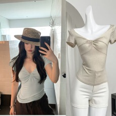 批发sheepland天使肌肤2.0天丝羊毛v领扭结短袖t恤女春夏慵懒显瘦上衣