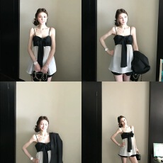 批发Skk Store jennie山茶香氛 小香<b class='q'>真丝</b>桑蚕丝撞色拼接蝴蝶结吊带女