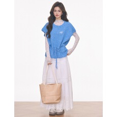 批发韩系穿搭蓝色抽绳针织<b class='q'>马甲</b>叠穿碎花打底衫女春季上新时尚百搭套装