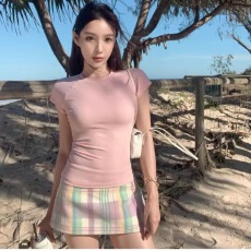 批发施薇靓 曲线解密Tee 早春上衣女天丝羊毛高弹圆领短袖T恤