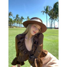 批发8uioio '易梦玲同款'荷叶边v领<b class='q'>长袖</b><b class='q'>衬衫</b>女春新款气质显瘦a字长裙