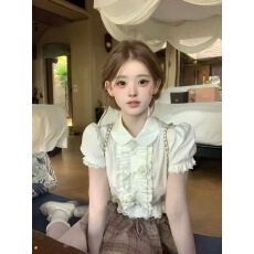 批发迟伞伞26/ss dating日 花朵翻领花边短袖<b class='q'>衬衫</b>格纹花苞系带裙裤